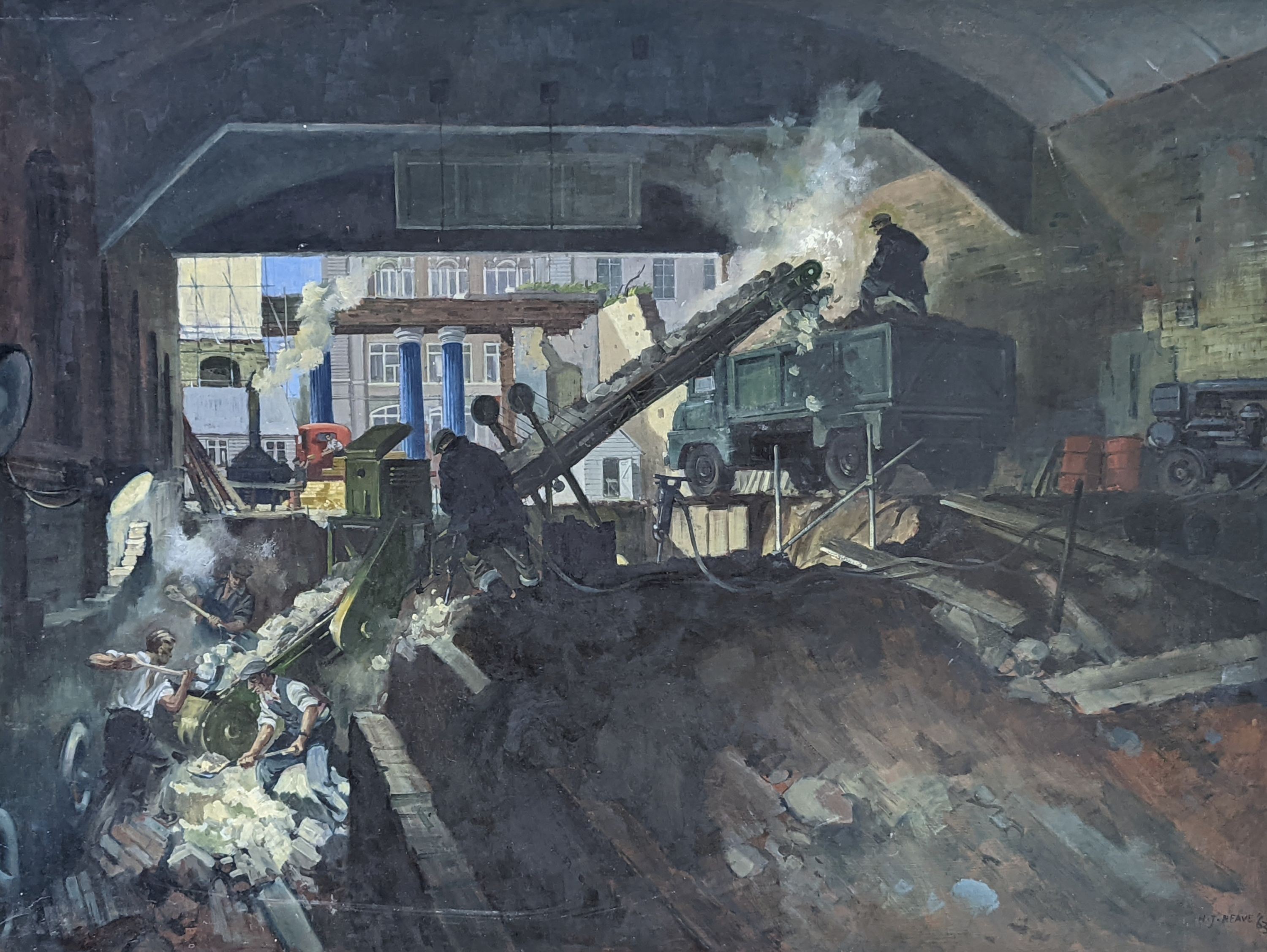 Henry James Neave (1911-1971), oil on board, Demolition crew loading a lorry, signed and dated '63, 76 x 101cm, unframed